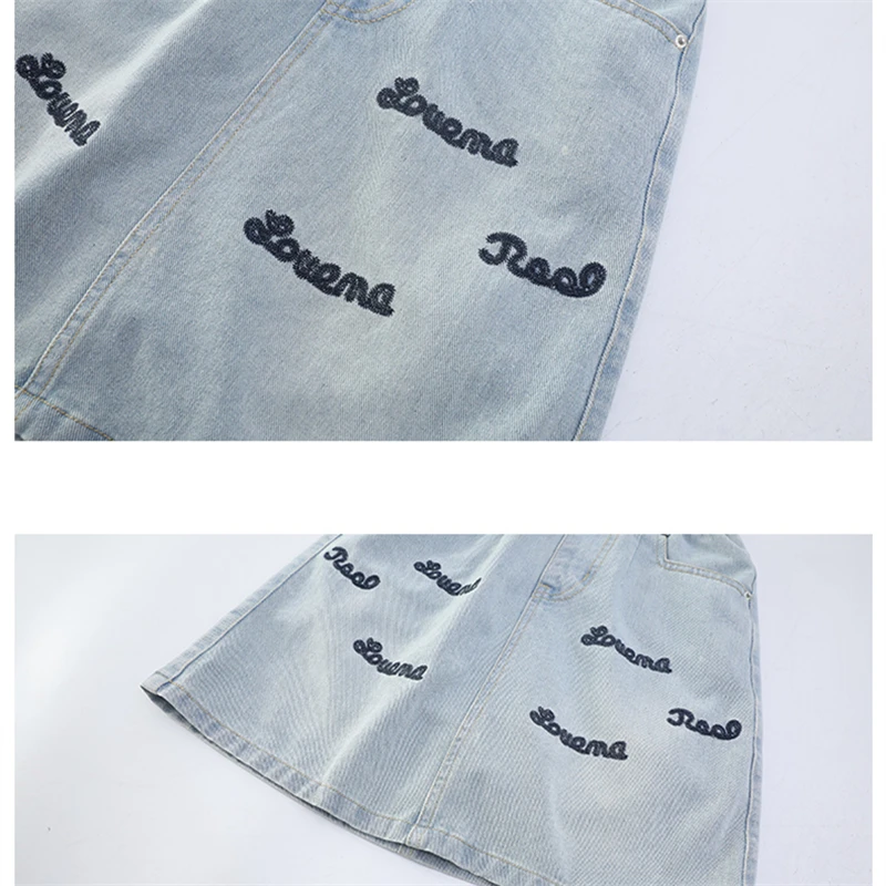 Girl y2k Streetwear Skirt Child Harajuku Gothic Letter Embroidery Retro Blue Denim Skirt Kids Fashion High Waist Slim Mini Skirt