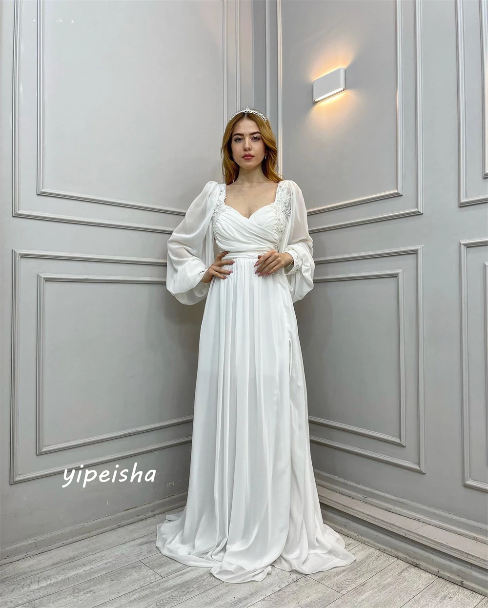 Yipeisha-Robe de soirée en mousseline de soie drapée à col en V, robes trapèze, longueur au sol, mode formelle, haute qualité