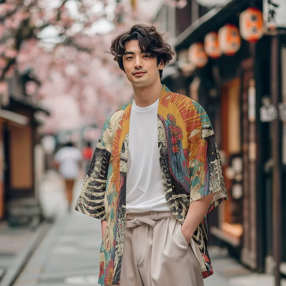الهياكل العظمية طباعة كيمونو موضة عادية سترة يوكاتا الصيف الرجال النساء التقليدية هاوري الشارع الشهير