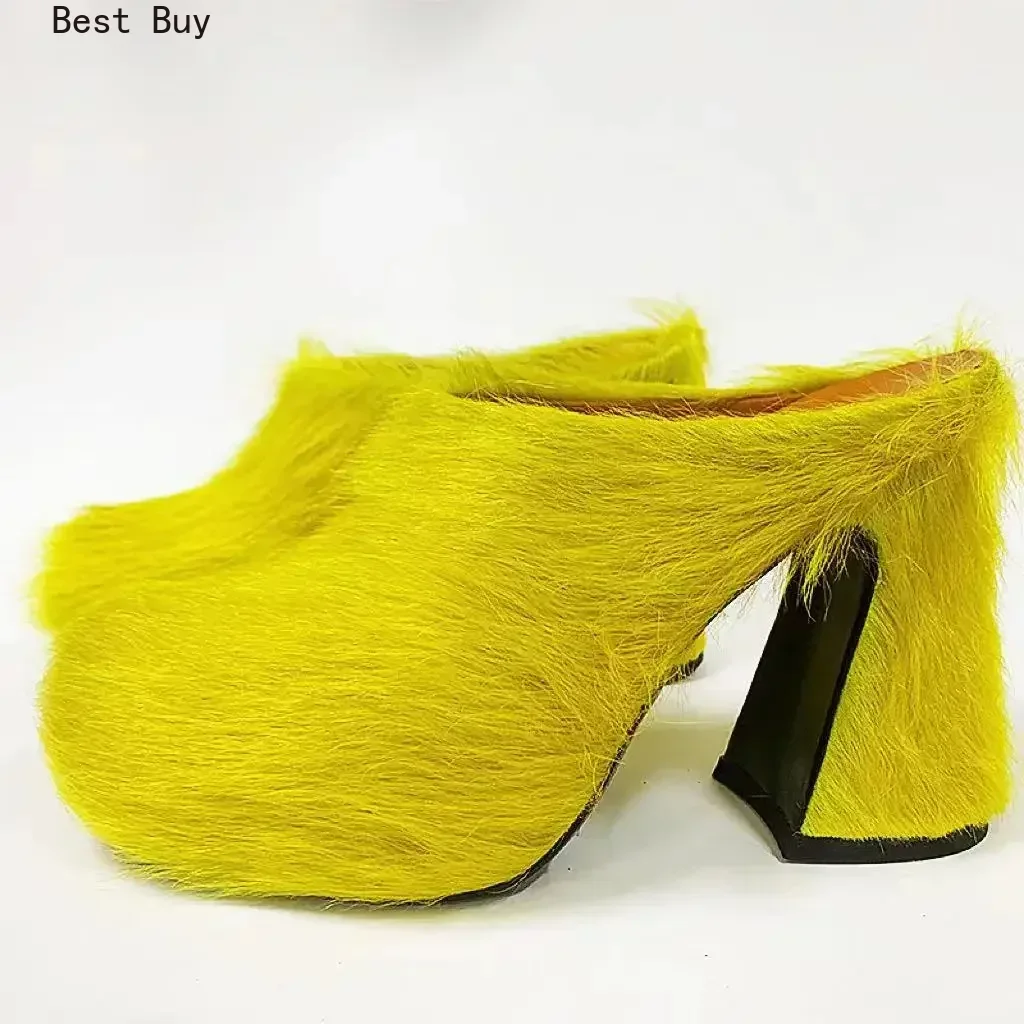 Deluxe Designer  Hot Sale Women's  Horsehair Fur High Heels Italy  Elegant  Fashion Real Leather Round Furry Mules Shoes