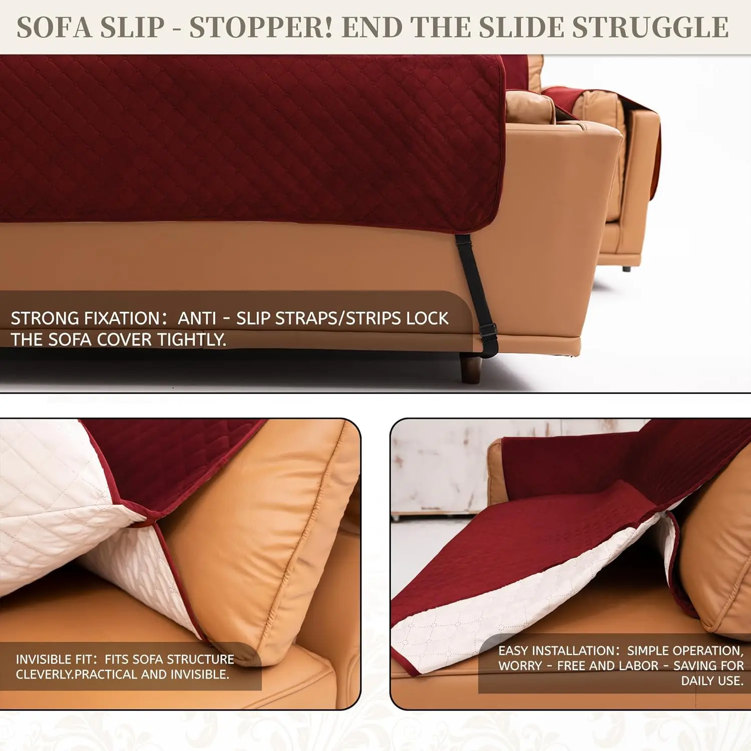 Sarung Sofa Bentuk L Anti Air untuk Anjing, Ramah Hewan Peliharaan, Beludru, Dapat Dicuci, Anti Selip dengan Kantong (Merah Anggur, Ukuran XX-Large)