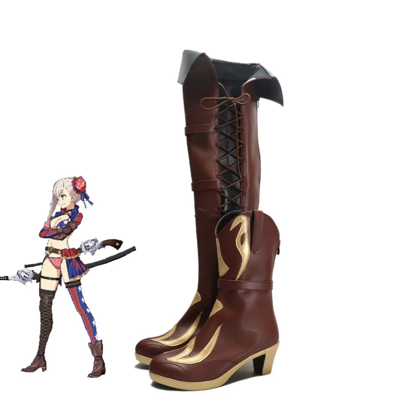 Anime Fate/Samurai Remnant Miyamoto Musashi Cosplay Shoes Brown Long Short PU Leather Boots For Halloween Carnival