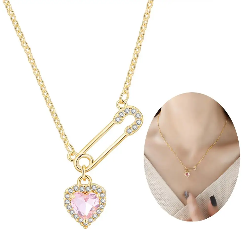 Niche Safety Pin Necklace With Pink Heart Charming Crystal Love Pendant Luxury Stainless Steel Chain Combination Jewelry Gift