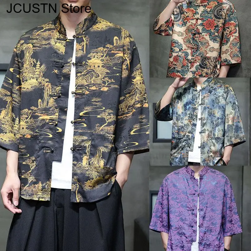 

Новая мужская рубашка в китайском стиле, большие размеры 4XL 5XL, с коротким рукавом, принт Тан, свободная летняя уличная одежда