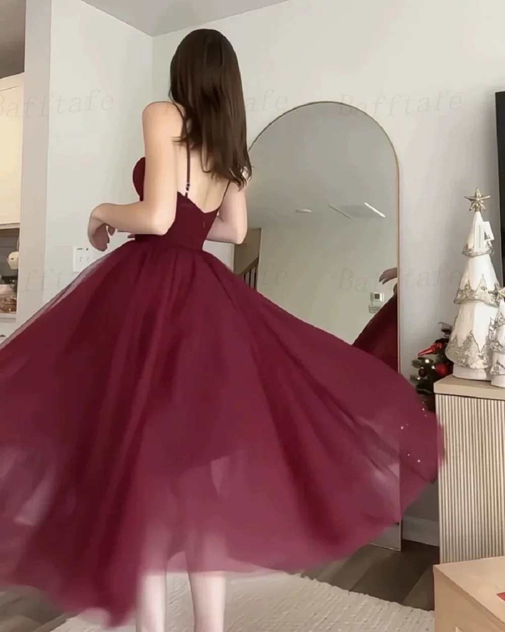 Bafftafe A Line Tulle Midi Prom Dresses Customized Spaghetti Straps Women Formal Special Occasion Party Bridesmaid Gowns 2025