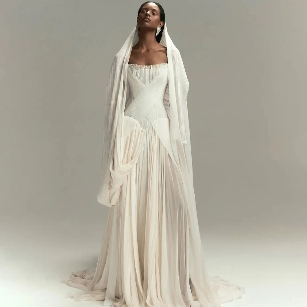 

Изысканное свадебное платье трапециевидной формы по индивидуальному заказу, шифоновое свадебное платье без бретелек со складками, модное вечернее платье2025