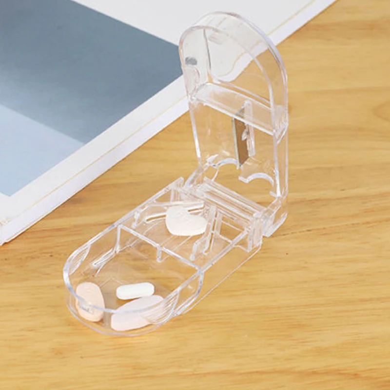 

1ps Portable Pill Cutter Storage 2 In 1 Compartment Box Medicine Tablet Holder Splitter Plastic Health Care Clear Container Case