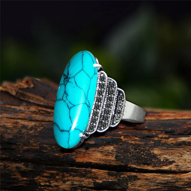 Vintage Eye Shape Syntetic Turquoises Rings For Women Real Antique Silver Plated 5 Colors Fashion Rhinestone Ring