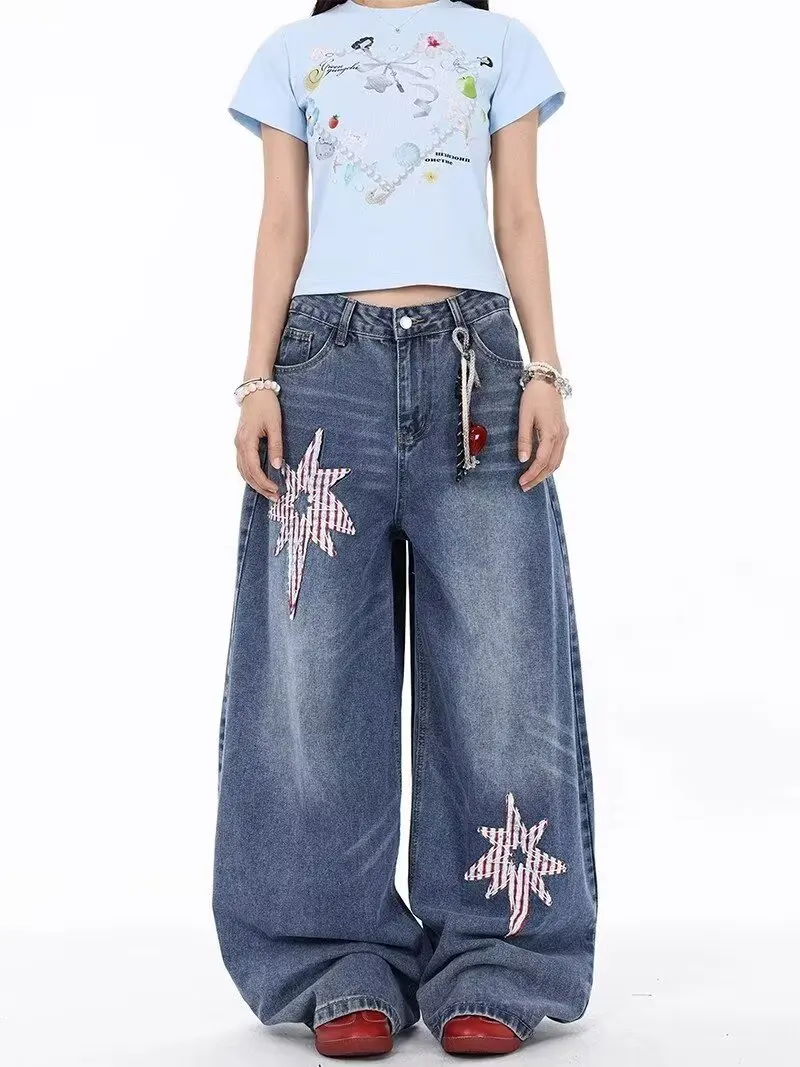 Calças Jeans Casuais Largas com Bordado de Estrela Retro para Homens e Mulheres, Marca Trendy High Street, Calças de Denim co...