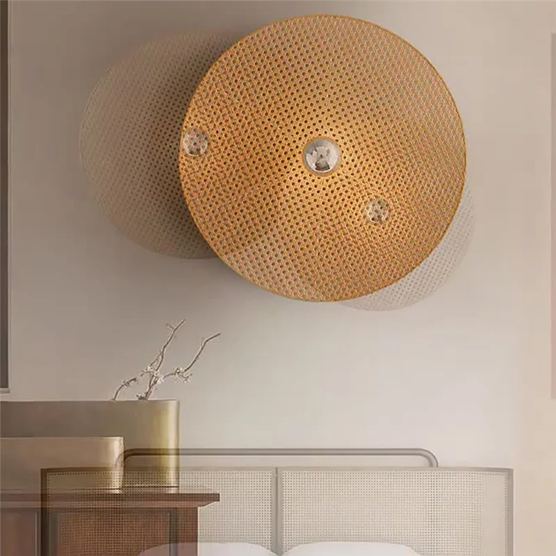 ABKO-Tan-Lámpara de pared de salón Retro, lámpara de pared de bambú japonesa hecha a mano de ratán para iluminación de fondo de pasillo de dormitorio