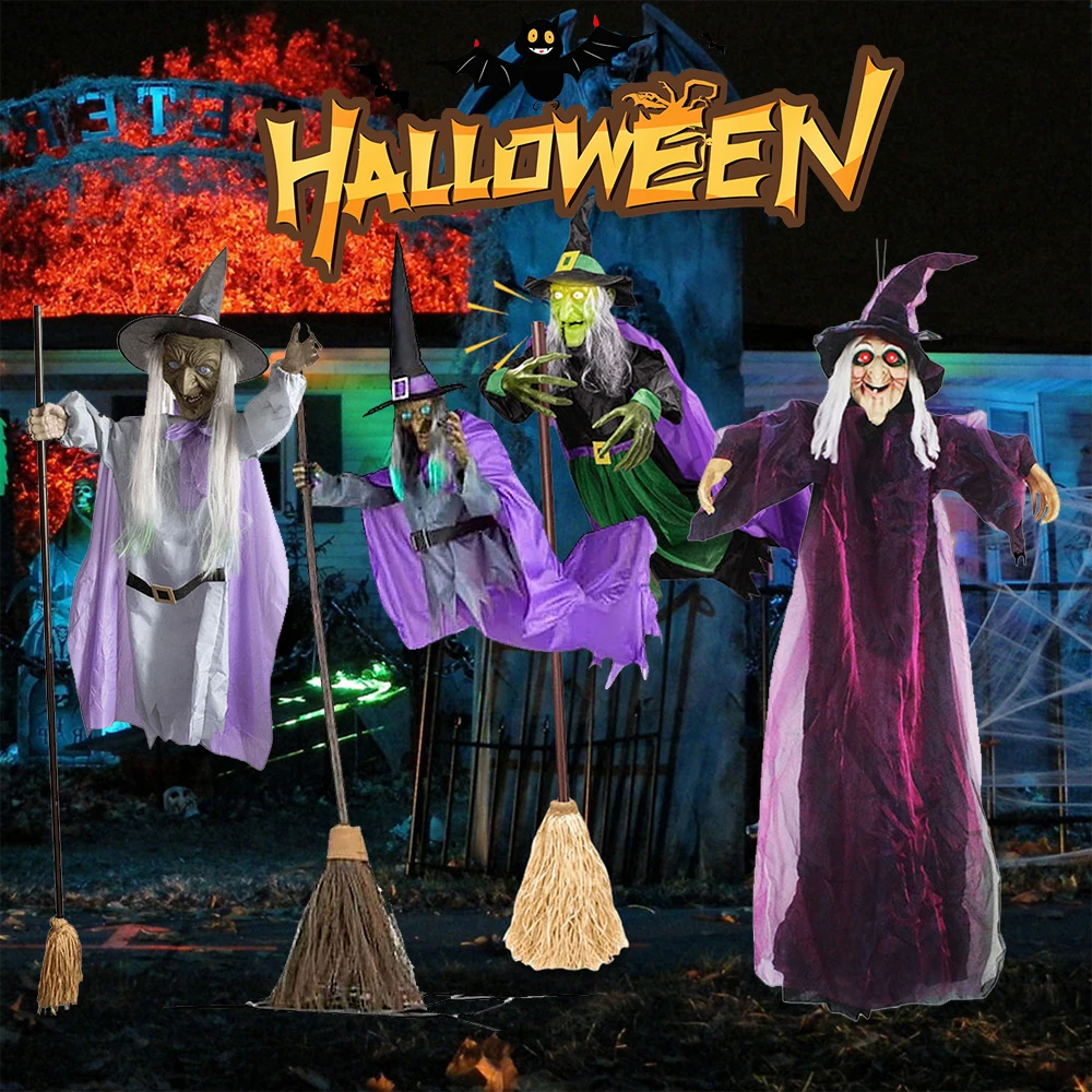 6 Foot Flying Witch Decoration Halloween Props with Terrifying Sounds and Lights Garden Lawn Halloween Decoration Outdoors