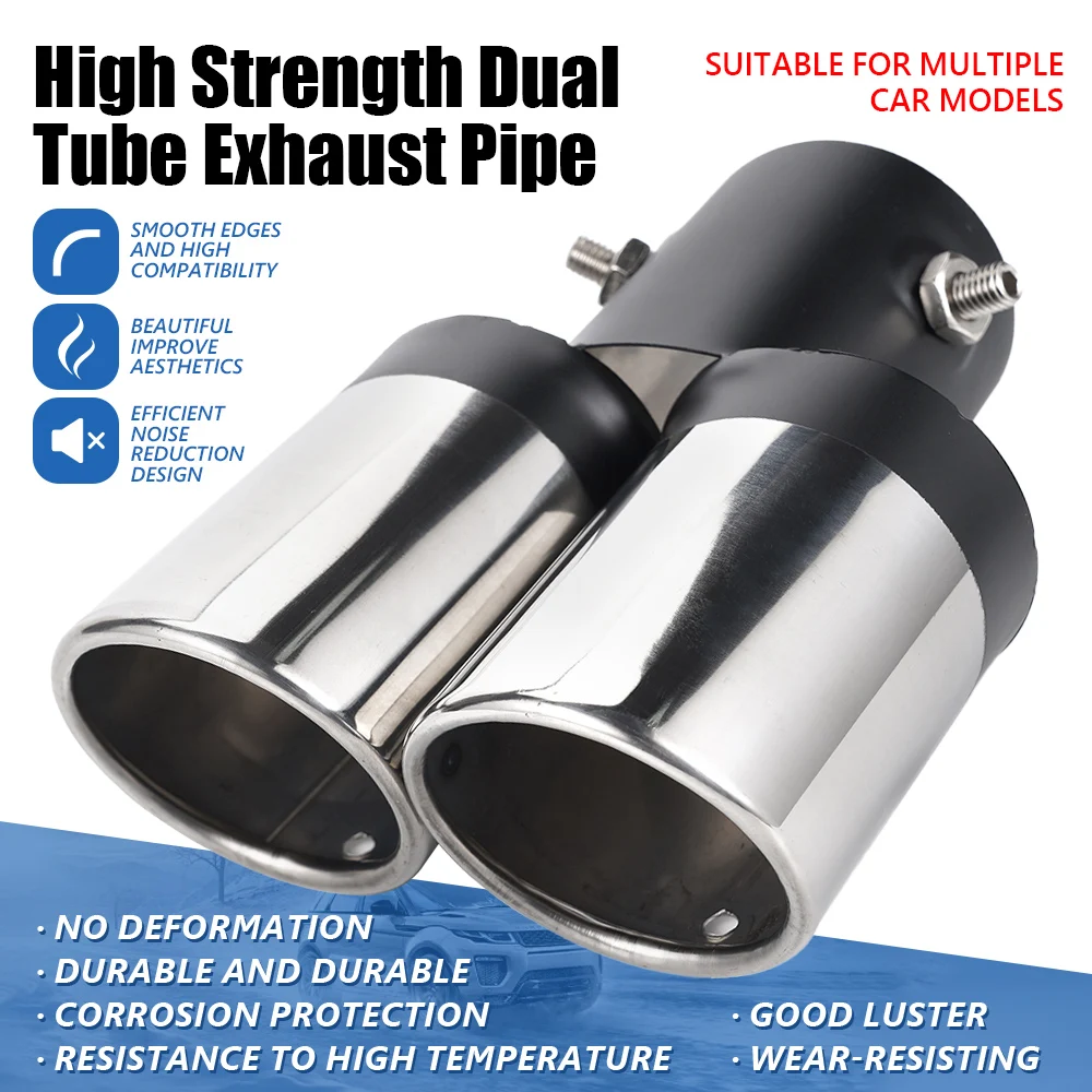  Car Double Exhaust Pipe Tail Throat Muffler Universal Head Stainless Steel Car Exhaust Muffler Head Rear Tail Pipe Auto Parts