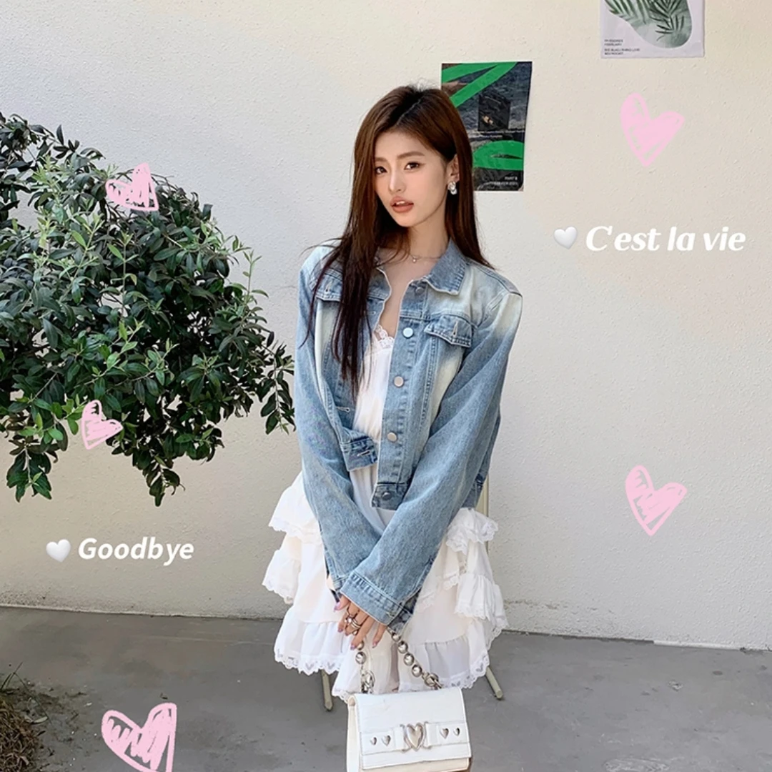

Spring Autumn Vintage Denim Short Jacket Women Long Sleeve Single Breasted Washed Jeans Coat Female Streetwear Bomber Jackets
