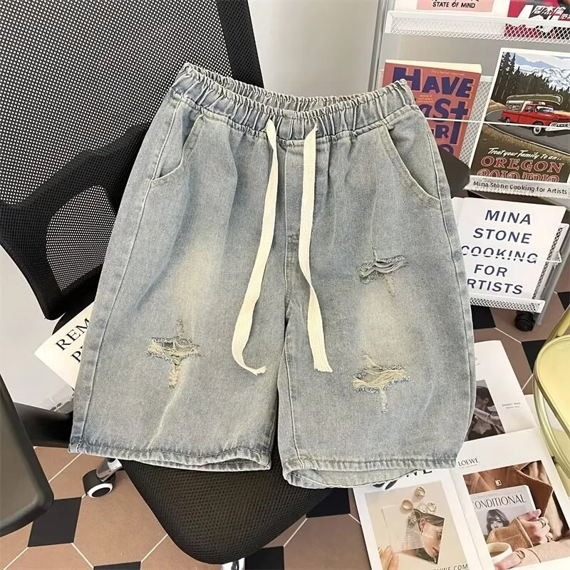 

Loose Fit Straight Leg Jeans orts for Men Summer Thin Breathable Comfortable Elastic Waist adient Ripped Casual Five-Quar...