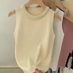 Loose Fit Vest Top Elegant Faux Pearl Knit Vest Comfortable Tank Top Stylish 3d Cut Loose Fit Blouse for Women Sleeveless Top