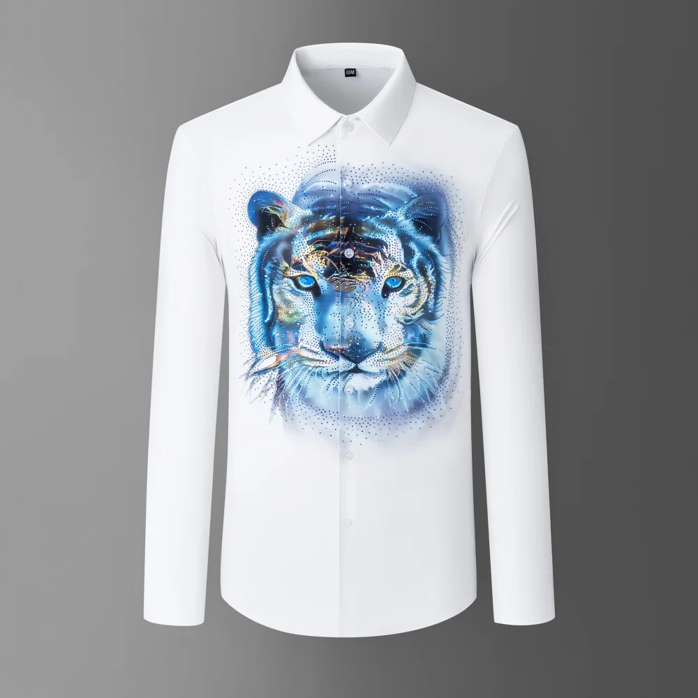2025 Autumn 3D Tiger Print Men‘s Shirt High End Rhinestone Decoration Long Sleeve Casual Shirts Business Banquet Party Dress Top
