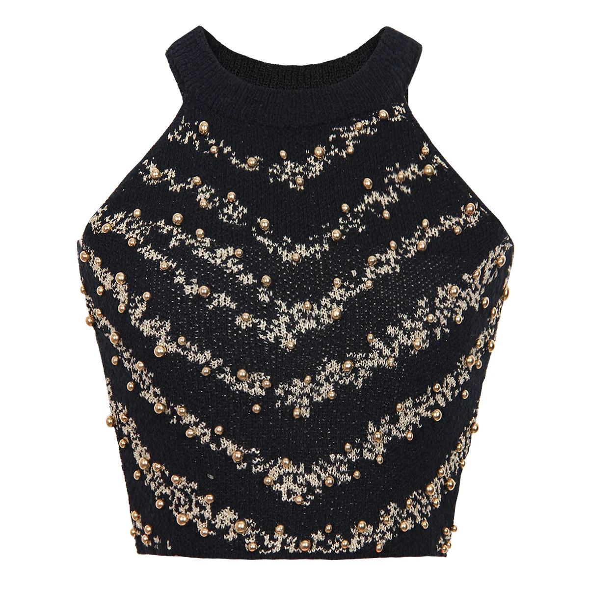 SML Black Beige 2023 Summer New Fashion Knitted Elastic Fabric Shiny Silk Bead Hanging Neck Women's Tank Top