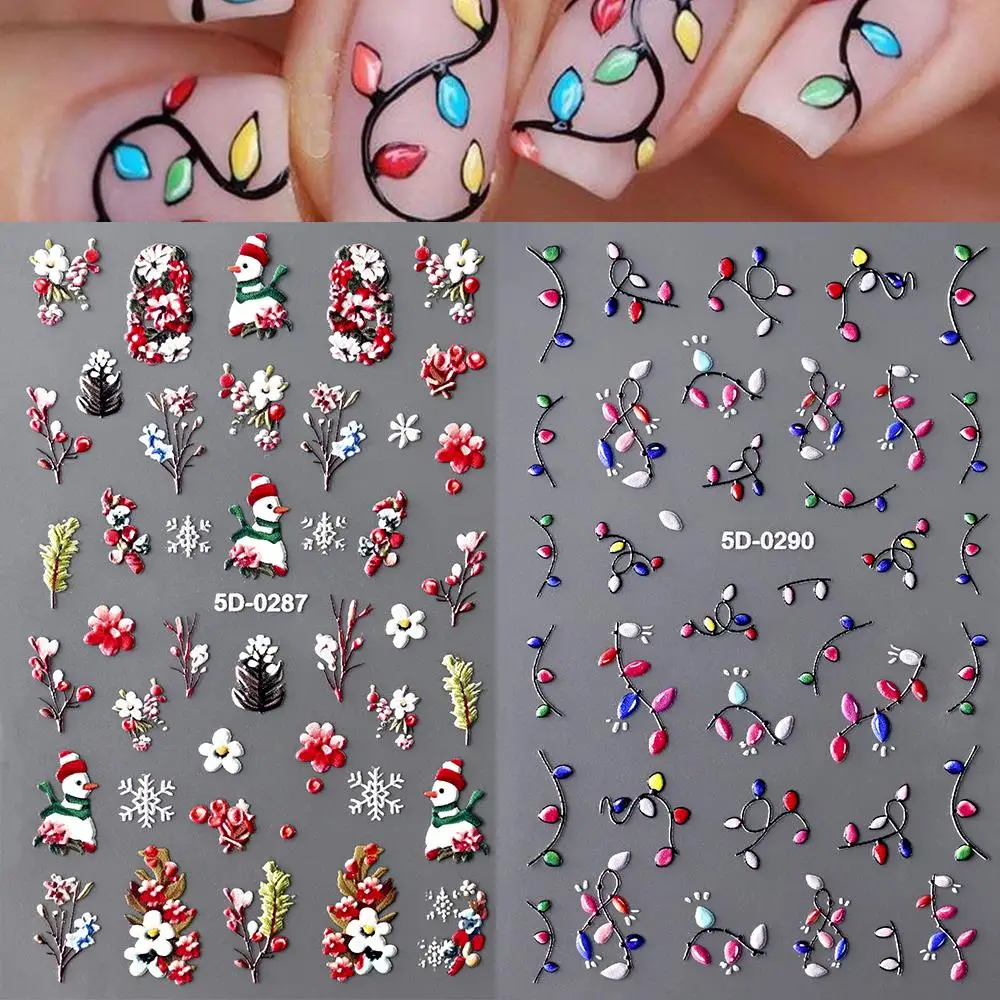2 Stück 5D Schneeflocken Schneemann Weihnachten Nagelaufkleber Bunte Weihnachtslichtleiste, Blumen Nagelaufkleber DlY Winter Maniküre Zubehör