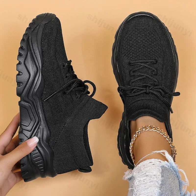 Mode Stretch Strick Turnschuhe für Frauen 2024 Herbst Paar schnüren rutsch feste Wohnungen Casual Sportschuhe Frau plus Größe 35-43