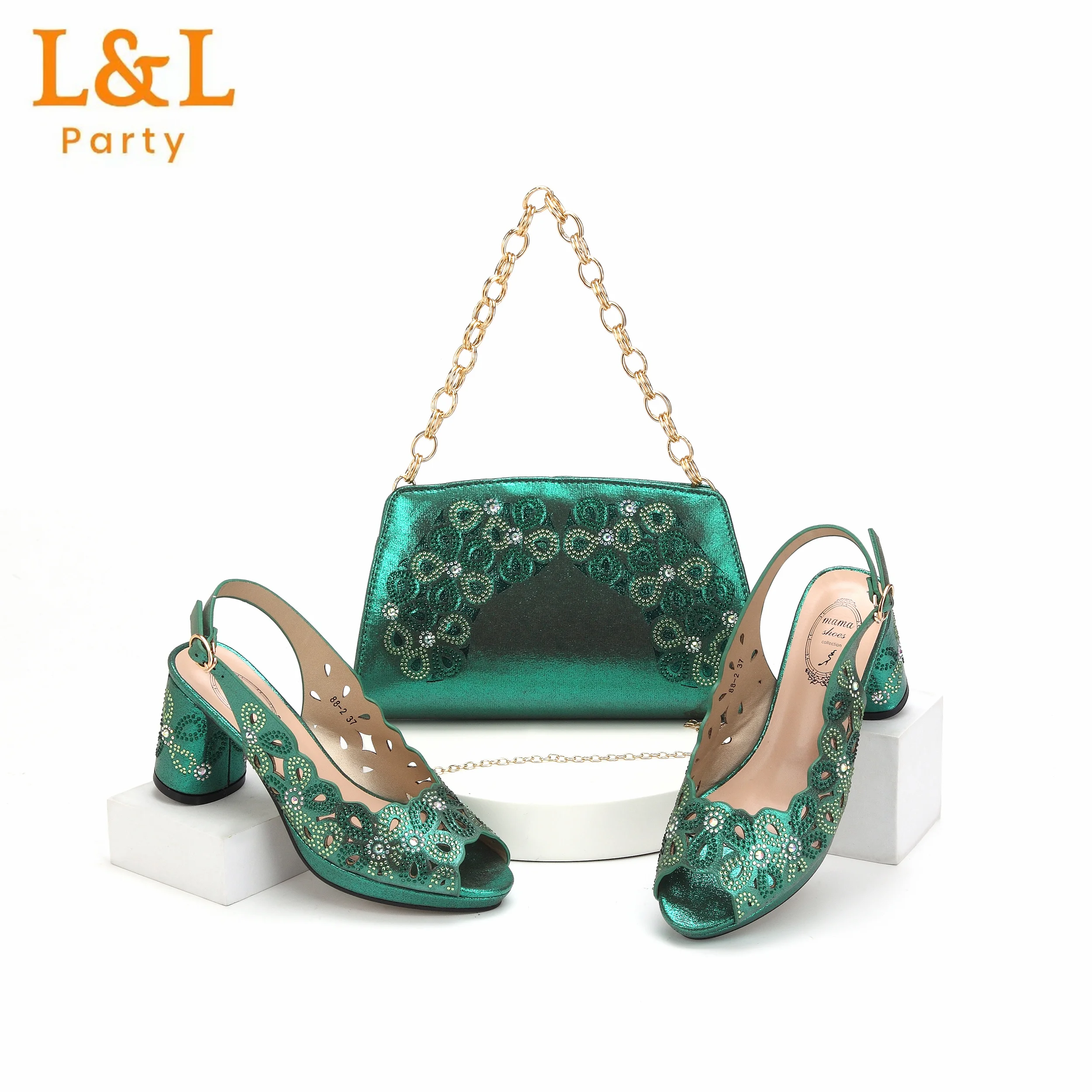 

Newest Green Color Cutout High Heels Pumps Decorated with Rhinestone Fashion Design Party Women's Shoes and Bags Set