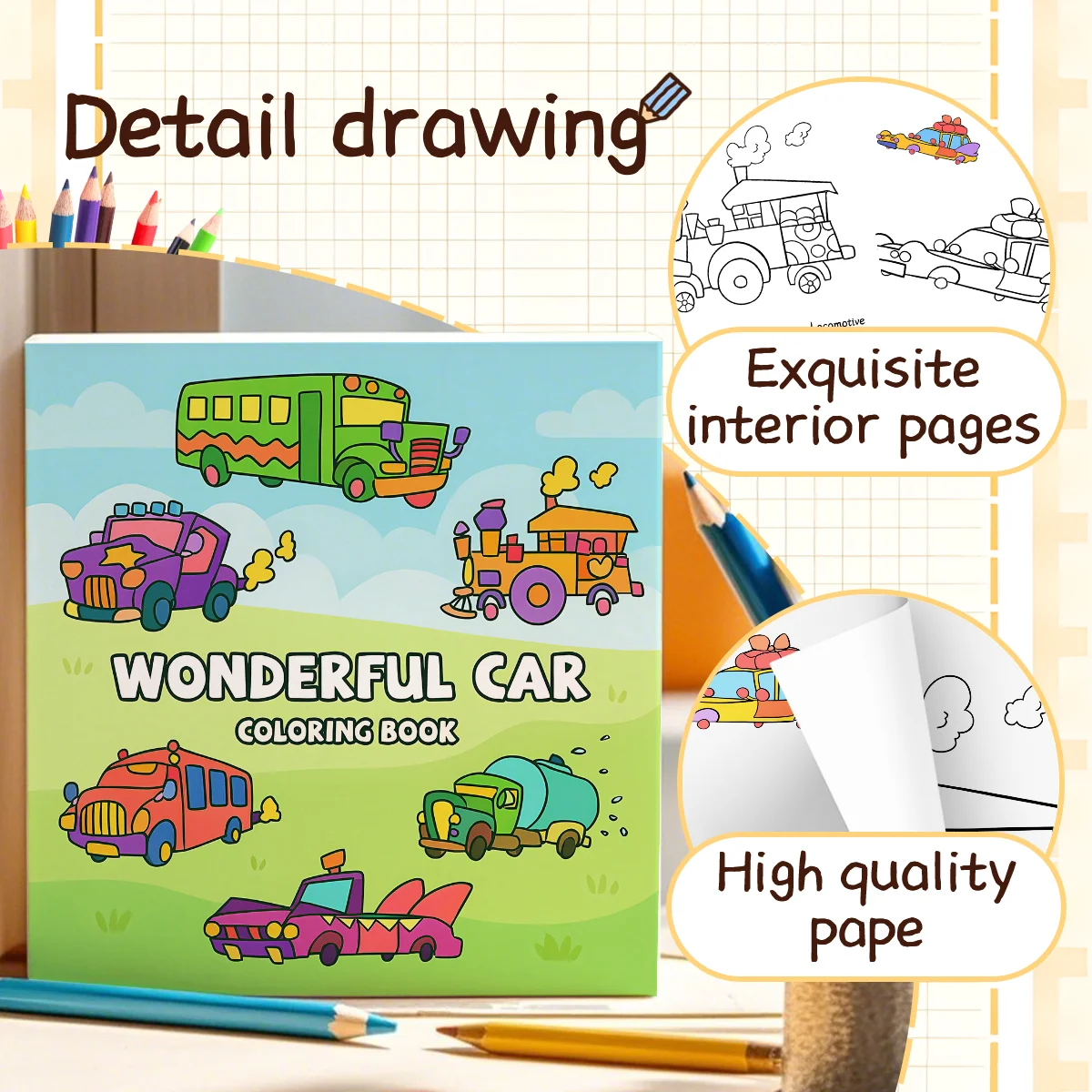 WONDERFUL CAR Adult Coloring Book Healing Educational Pattern Stress Relief Inspiring Creative Relax Drawing Book