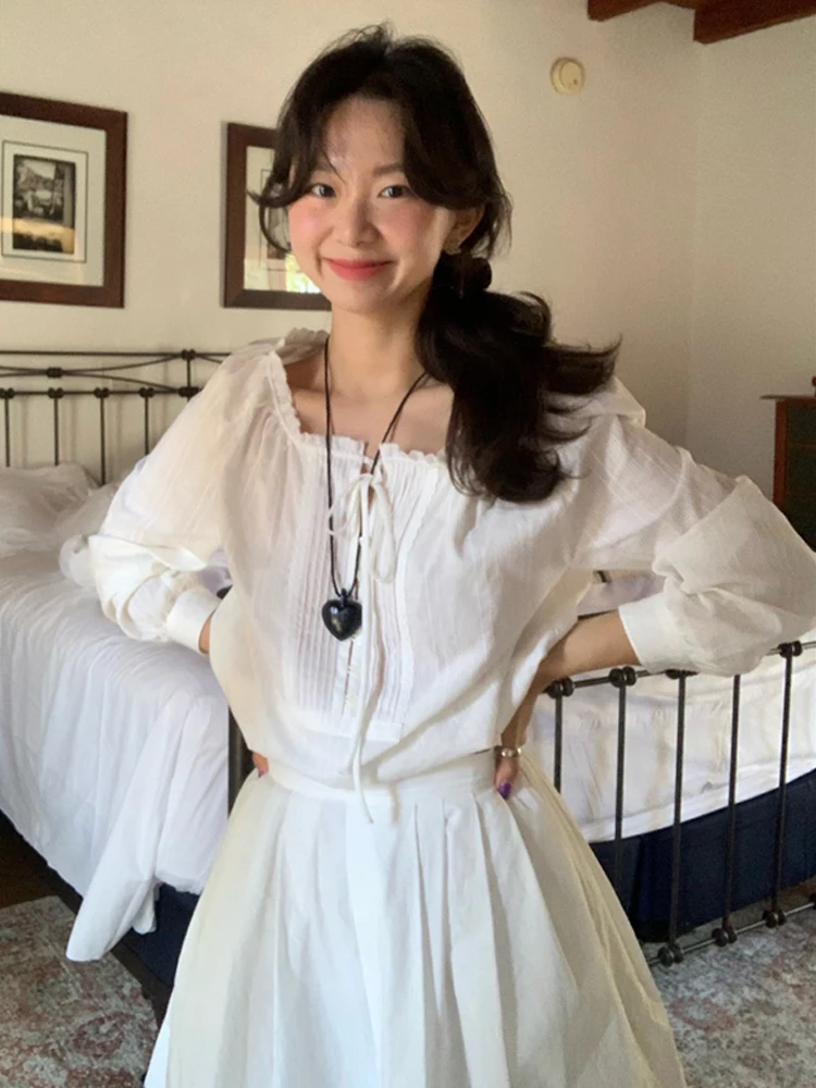 

Новая летняя женская рубашка с круглым вырезом, хлопковая, с коротким и длинным рукавом, свободного кроя, однотонная, в корейском стиле