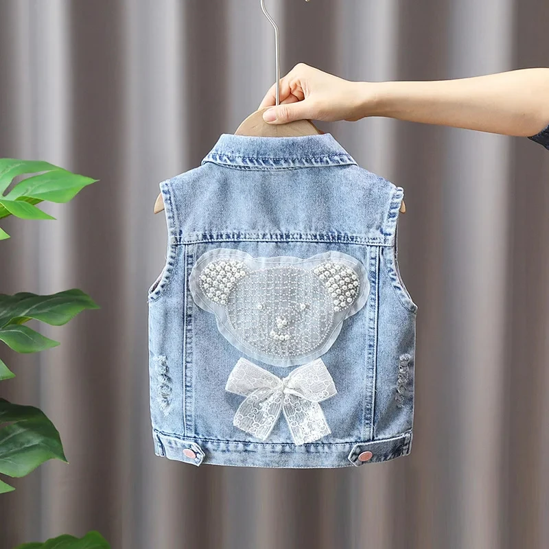 Fashion Lace Bow Vest Girl Denim Vest Light Blue Jeans Jacket Causal Waistcoats Autumn Sleeveless Loose Short Coat 90-140cm