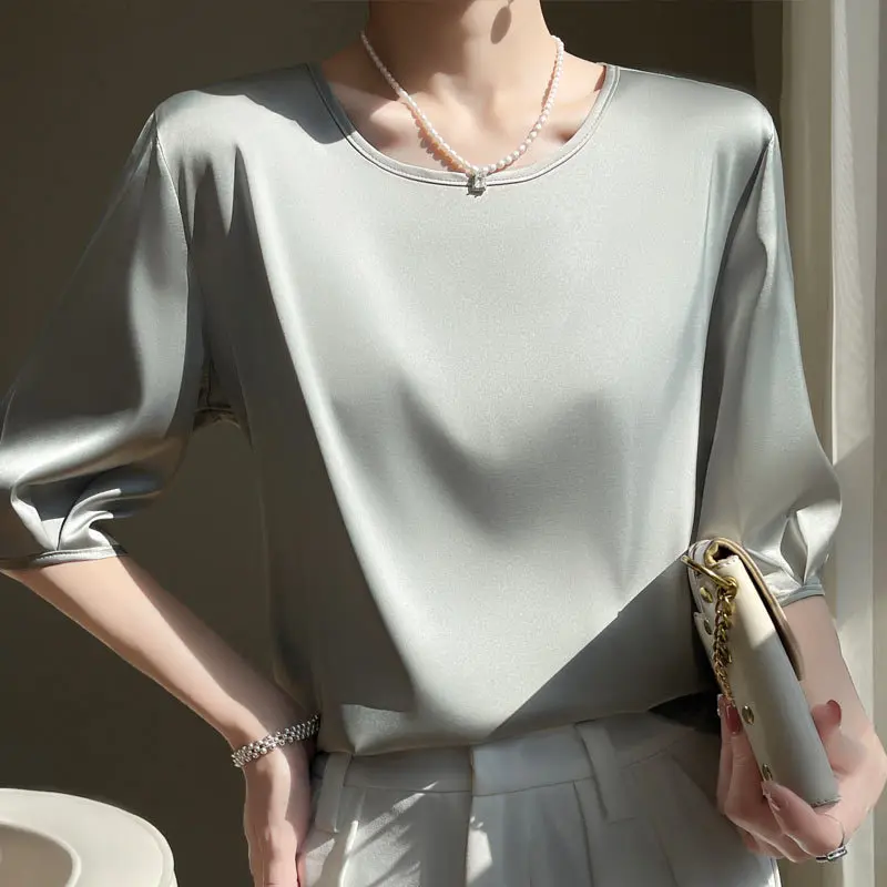 تيشيرت نسائي ناعم برقبة مستديرة ، أكمام قصيرة ، توبات فضفاضة ، بلون واحد ، راحة رقيقة ، متعدد الاستخدامات ، سيدة مكتب ، موضة