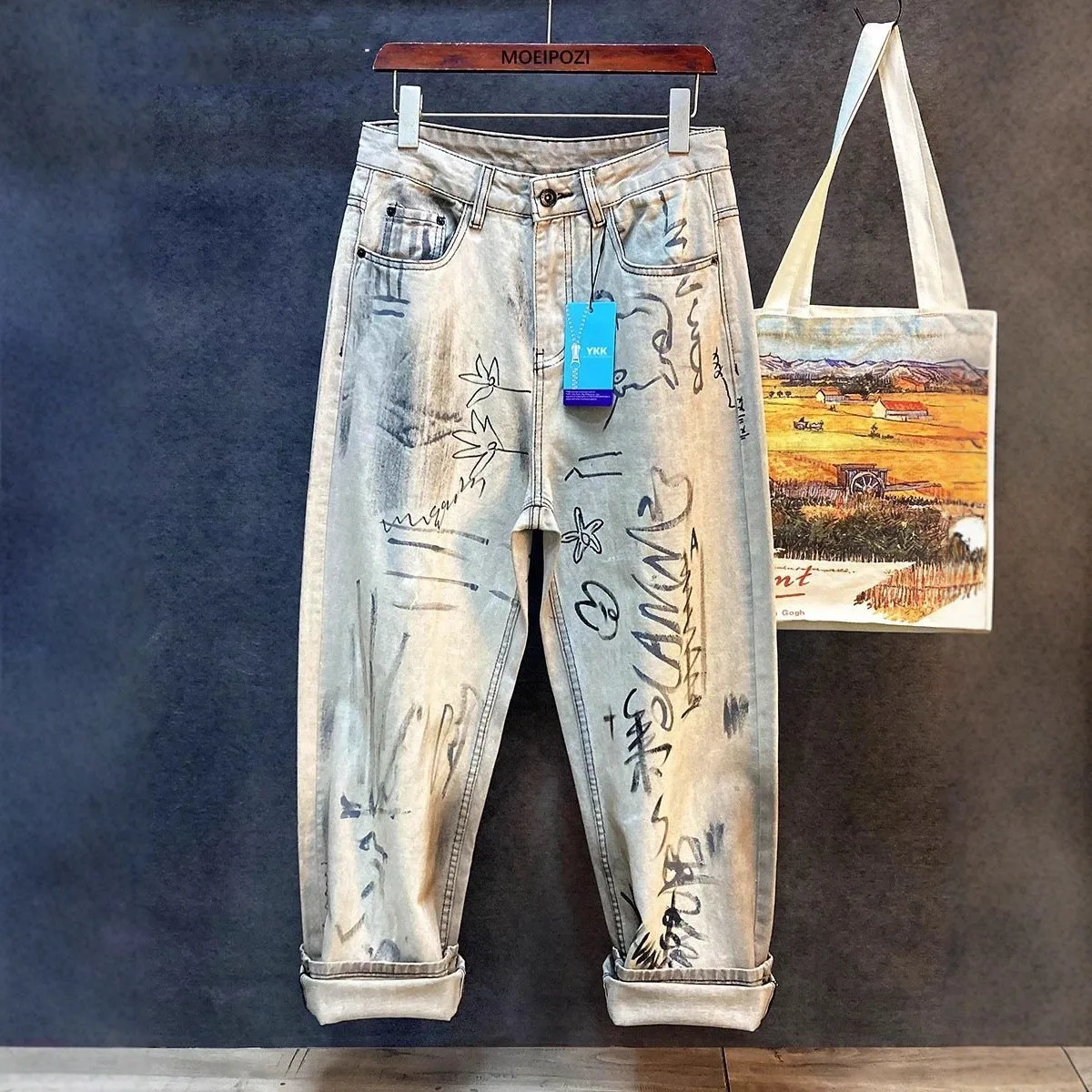

Джинсы в уличном стиле с брызгами чернил для мужчин, прямые джинсовые брюки с принтом High Street, весенне-осенние повседневные модные свободные брюки