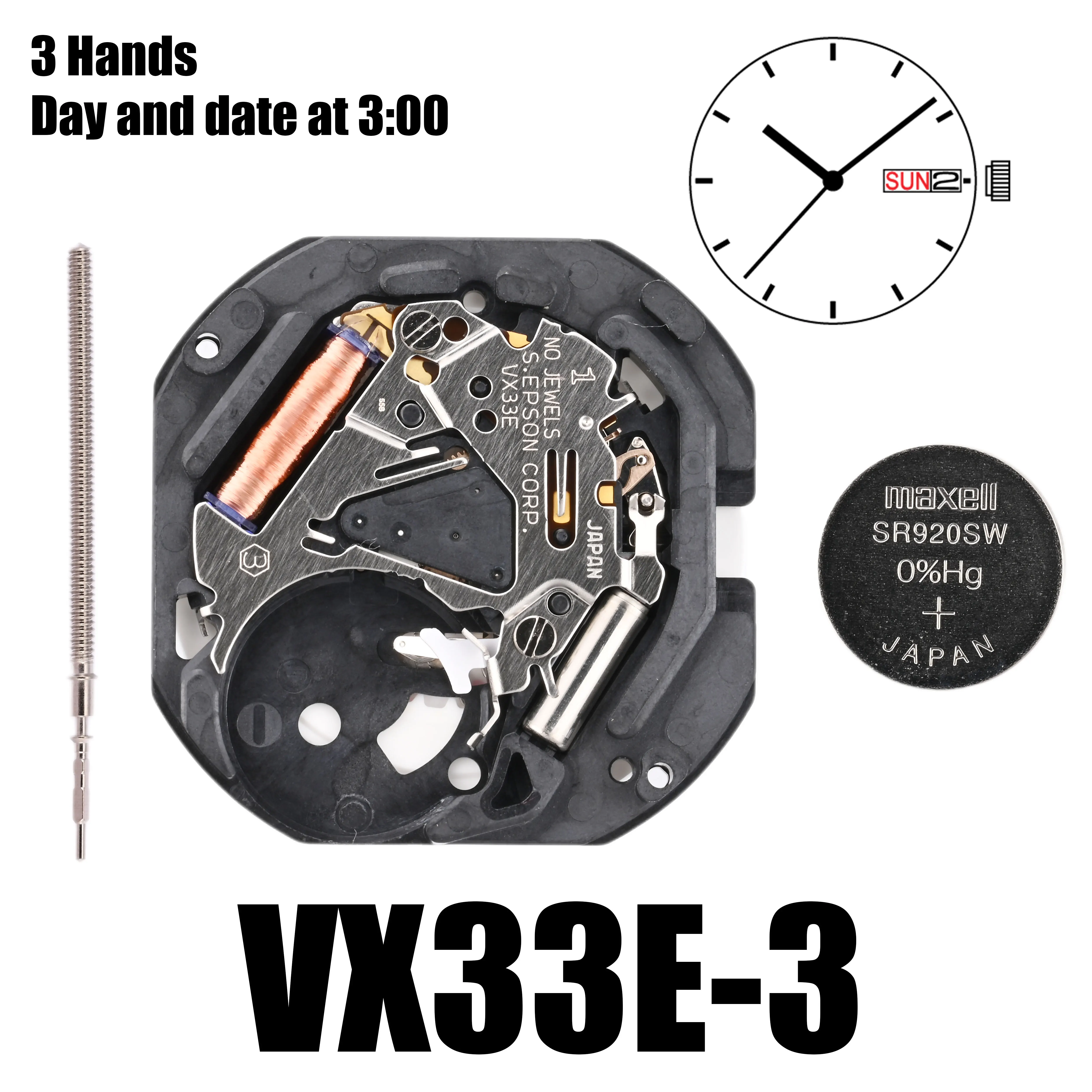 VX33 Movement Japan Genuine Epson VX33 Movement VX Calendar Series VX33E Movement Size:10 1/2'''3 Hands/Day/Date Display At 3:00