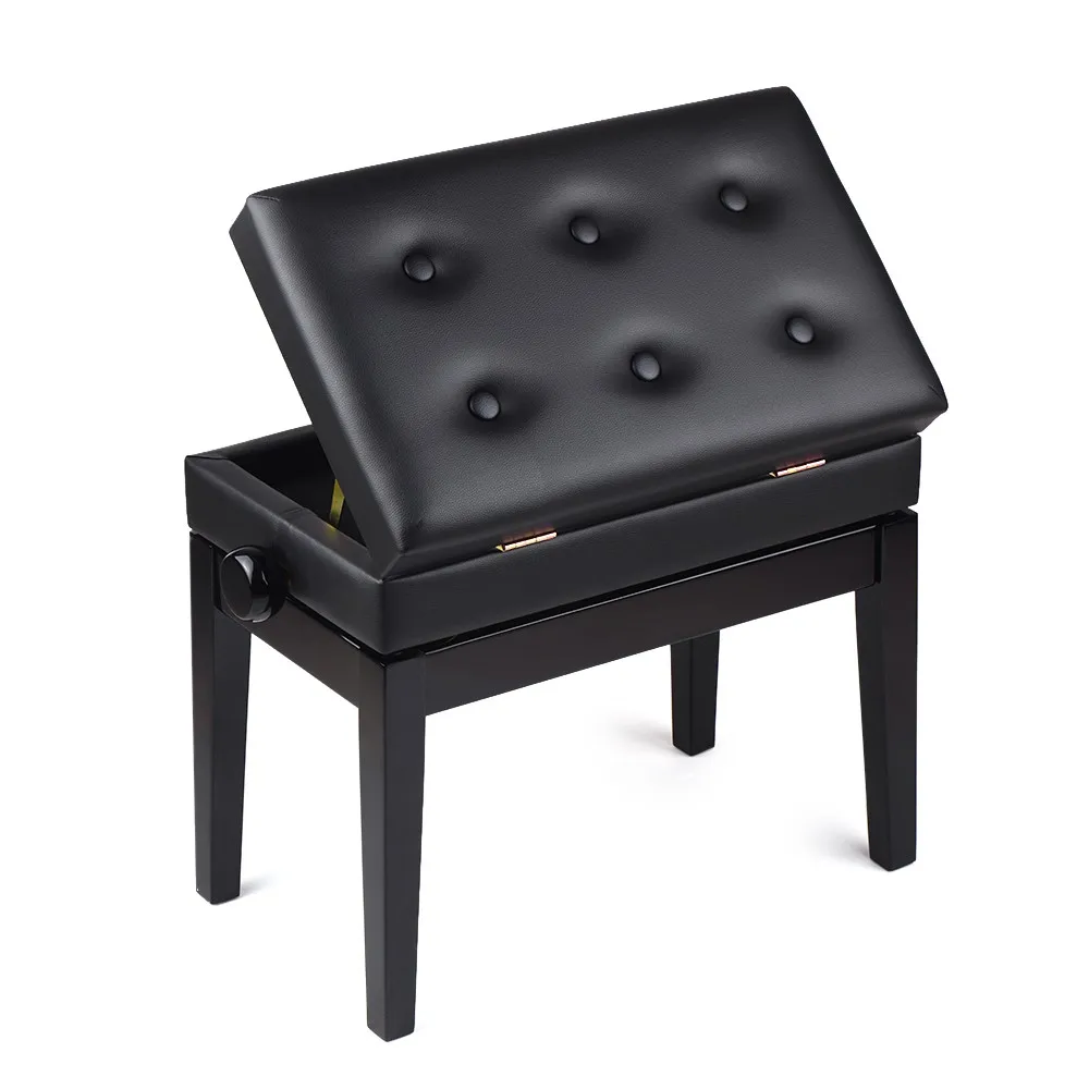 Wooden Adjustable Piano Bench Stool Soft Cushion Padded with Sheet Music Storage Black