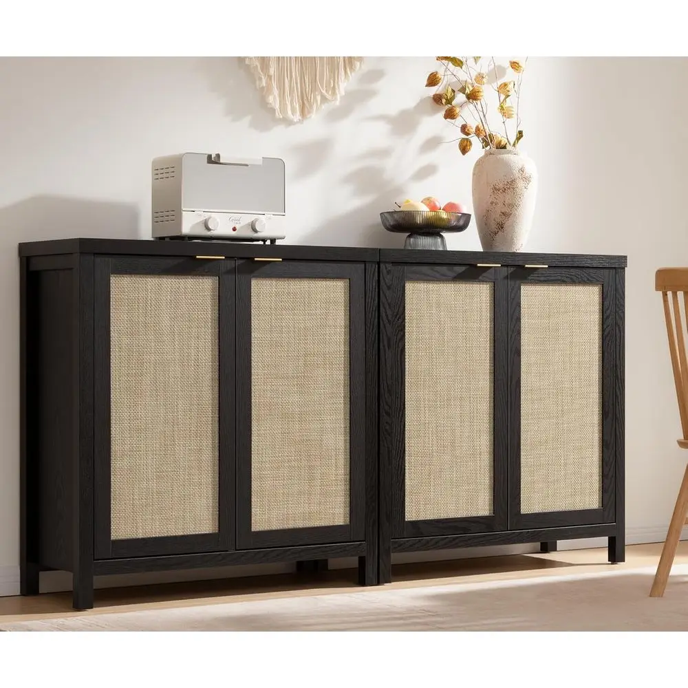 

Rustic Rattan Buffet Cabinet with Ample Storage, Farmhouse Style Coffee Bar for Kitchen, Living Room, or Entryway