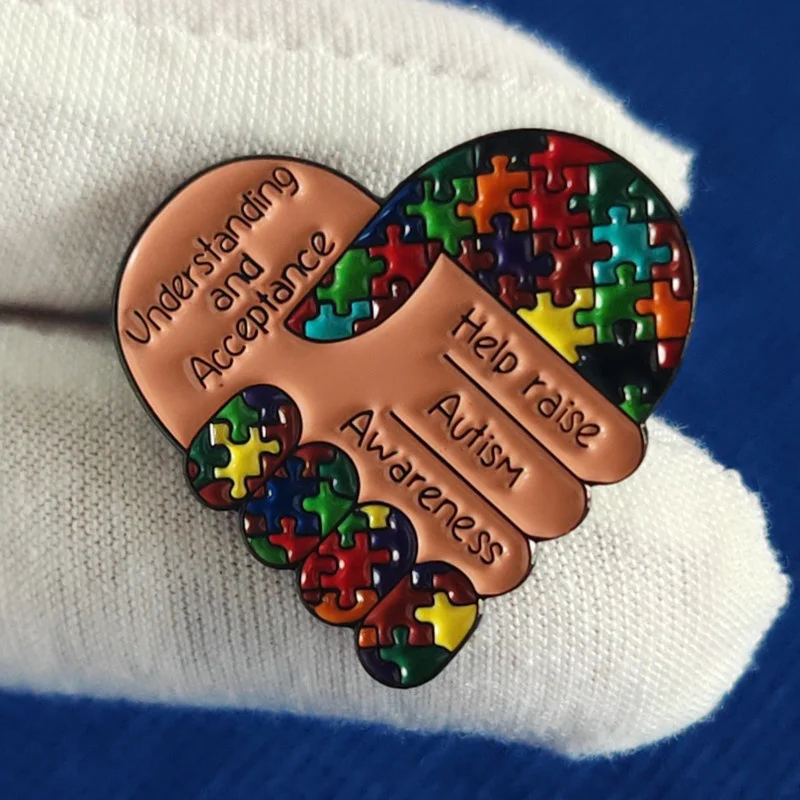 Rainbow Enamel Autism Awareness Puzzle Piece Heart Pin, Punk Style Lapel Brooch