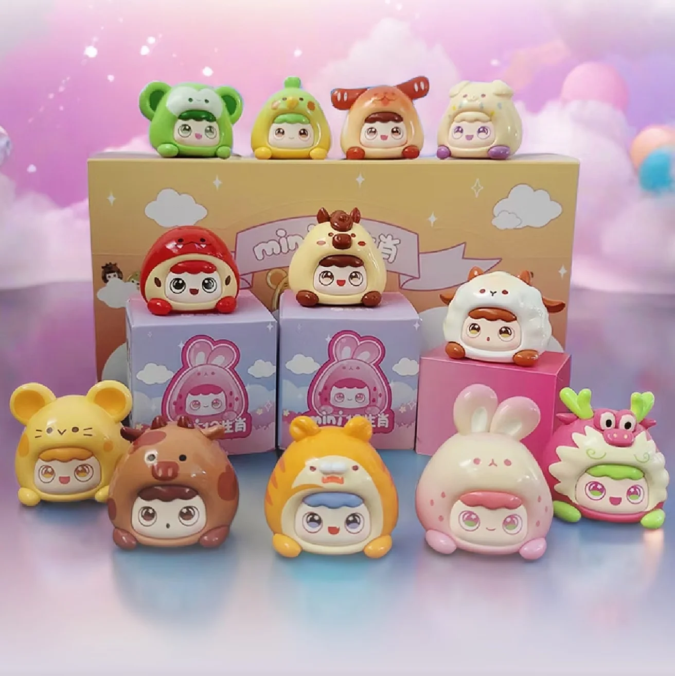 Mini serie zodiaco cinese Cute Bean Blind Box Anime Figure Mystery Box Toy Kawaii Doll modello decorativo regalo di compleanno