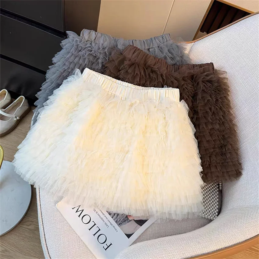 

Gowyimmes New Spring Summer Women Ballet Style Multi-layered Pleated Mesh Skirt Fashion Girl Fluffy Shorts Skirts Mini PD1854