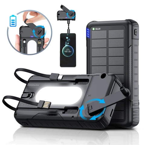 Ручная рукоятка Solar Power Bank 20000, водонепроницаемое портативное зарядное устройство Powerbank для iPhone, Samsung, Huawei, Xiaomi, внешняя запасная батарея