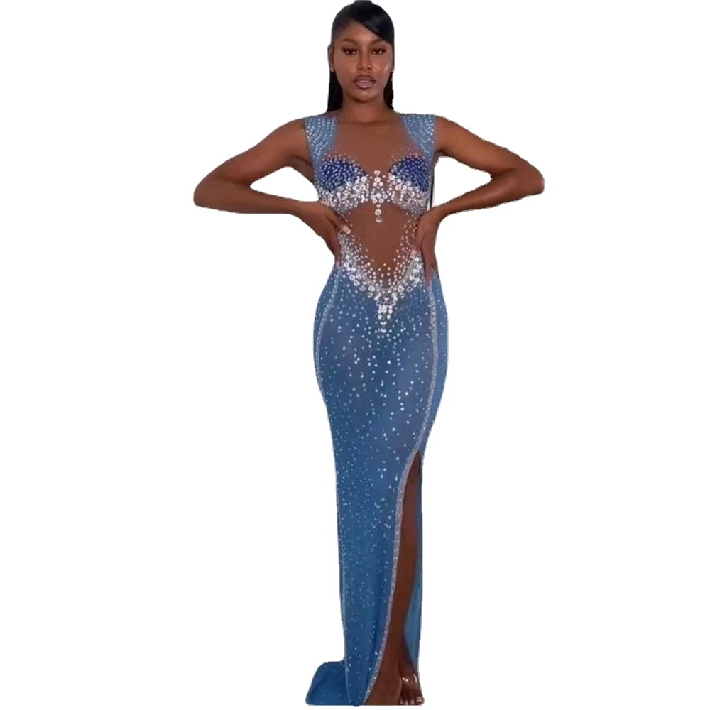 Vestido largo azul sin mangas con diamantes de imitación brillantes para mujer, vestido Sexy para celebración de noche, graduación, cumpleaños, sesión de fotos, ropa de escenario