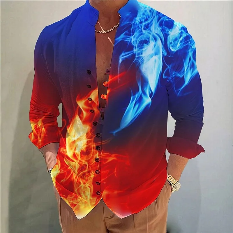 New Watercolor Hummingbird Flower Printed Men's Long Sleeve Shirt Stand Collar Pan Button Casual Shirt