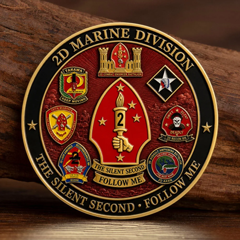 US 2nd Marine Division Gold Plated Challenge Coin The Silent Second Follow Me Embossed Enamel Commemorative Coin Souvenir Gift