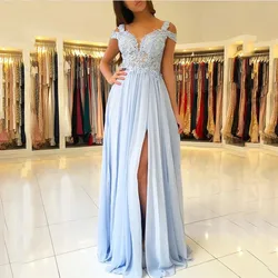 ANGELSBRIDEP Sky Light Blue Evening Dresses Lace Applique Split Summer Party Bridesmaid Dress Maid Of Honor Wedding Customized