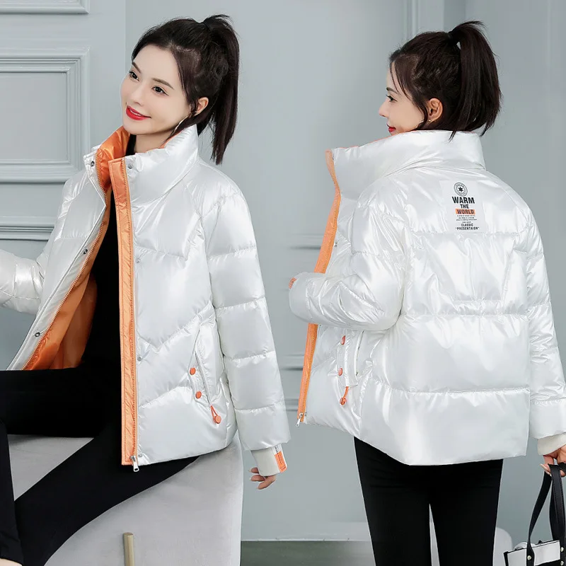 

2023 New Glossy Down Cotton Coat Women Korean Loose Puffer Parkas Autumn Winter Warm Cotton-Padded Jacket Coat Woman Pocket Coat