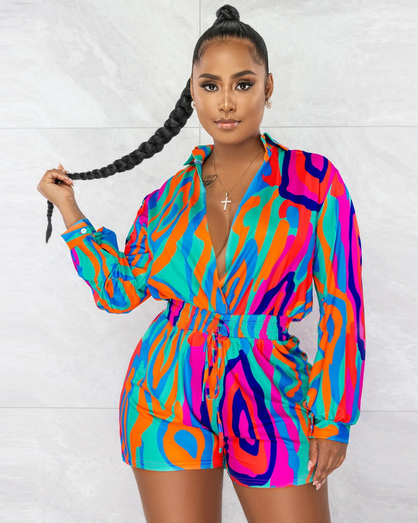 

Chic Women Tie Dye Black Hole Wrap Lapel Collar Long Sleeve Shirt Style Romper 2023 Spring INS One Piece Suit Playsuit