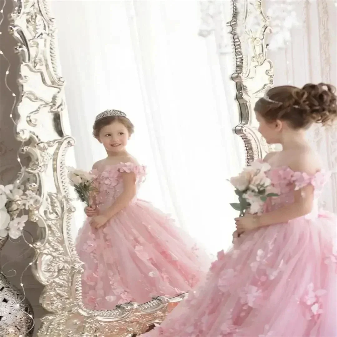 Vestido de princesa para niñas, apliques de encaje, vestido de niña de flores para bodas, niños pequeños, vestido de primera comunión con hombros descubiertos, hecho a medida