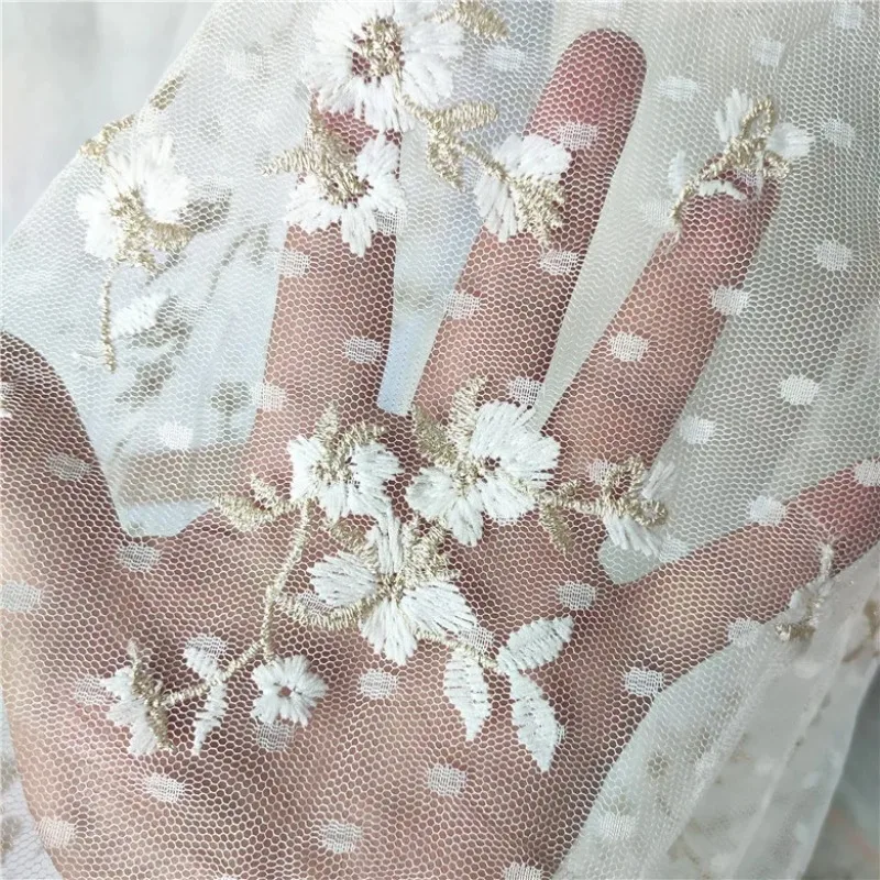 White Polka Dot Mesh Embroidered Flowers Lace Fabric Tulle Fabric for Wedding Dress Skirt