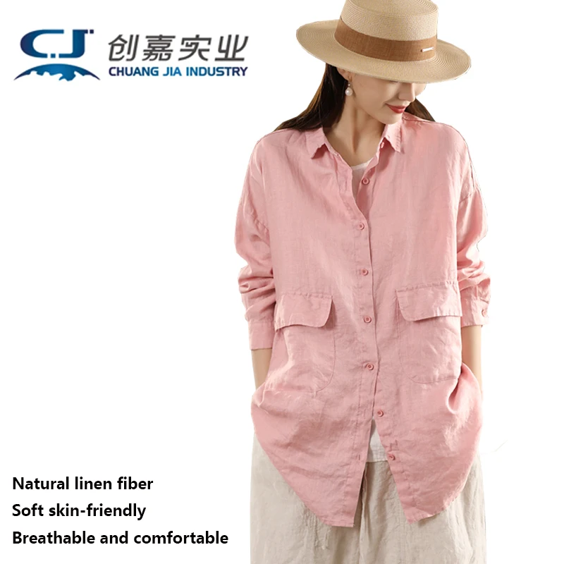 Natural 100% Linen Women's Shirt Purple Long-sleeved Mid-length Top Outdoor Casual Style, Comfortable Breathable Sweat-absorbent