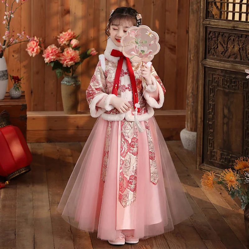 فستان كلاسيكي للخريف والشتاء من Hanfu فستان الكريسماس للأطفال بصور لطيفة ورائع بتصميم كلاسيكي مناسب لحفلات الكريسماس