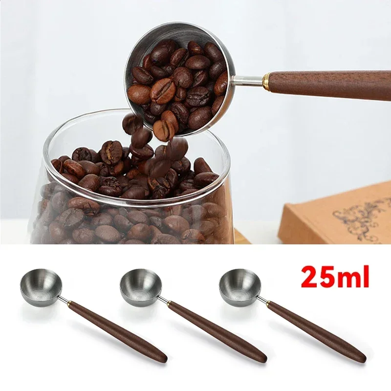 

25ml Wooden Handle Stainless Steel Coffee Scoop Tablespoon Measuring Spoon Walnut Wood Long Handle Coffee Spoons Cafe Decoration
