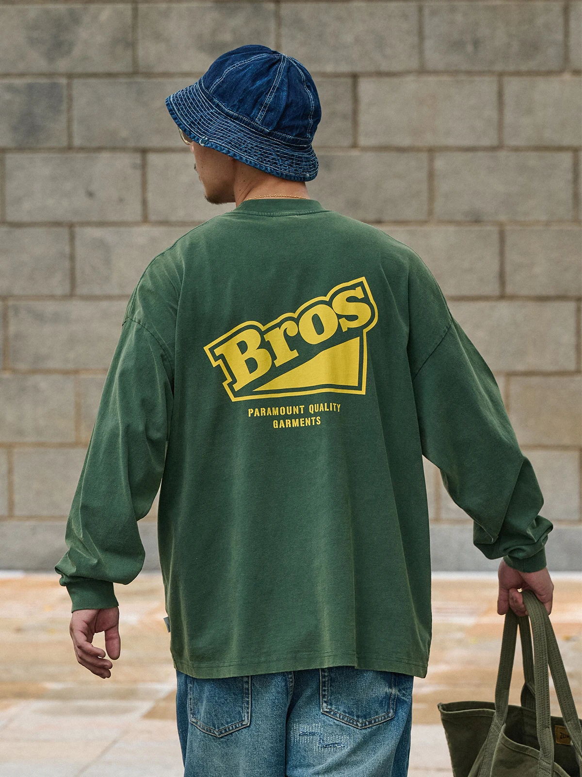 Broshood Japanese Style Loose Casual Vintage Cracked Paste Large Print Sand Washed Long Sleeve T-Shirt Cotton round Neck Top
