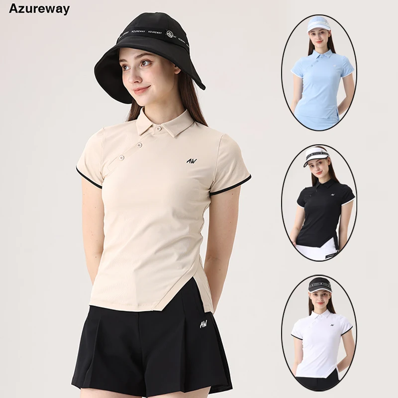 Azureway Korean Golf Apparel Women's Short Sleeve Mandarin Collar Tops Ladies Split Slim Casual Sports T-Shirts Golf Sportswear