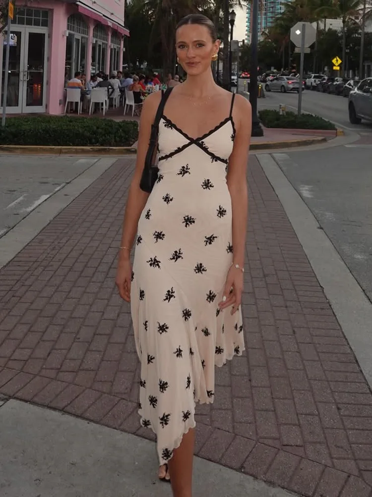 

Tossy Fashion Printed Lace Long Dress For Women Patchwork High Waist Slim Backless Spaghetti Dress Summer V-Neck Halter Dresses